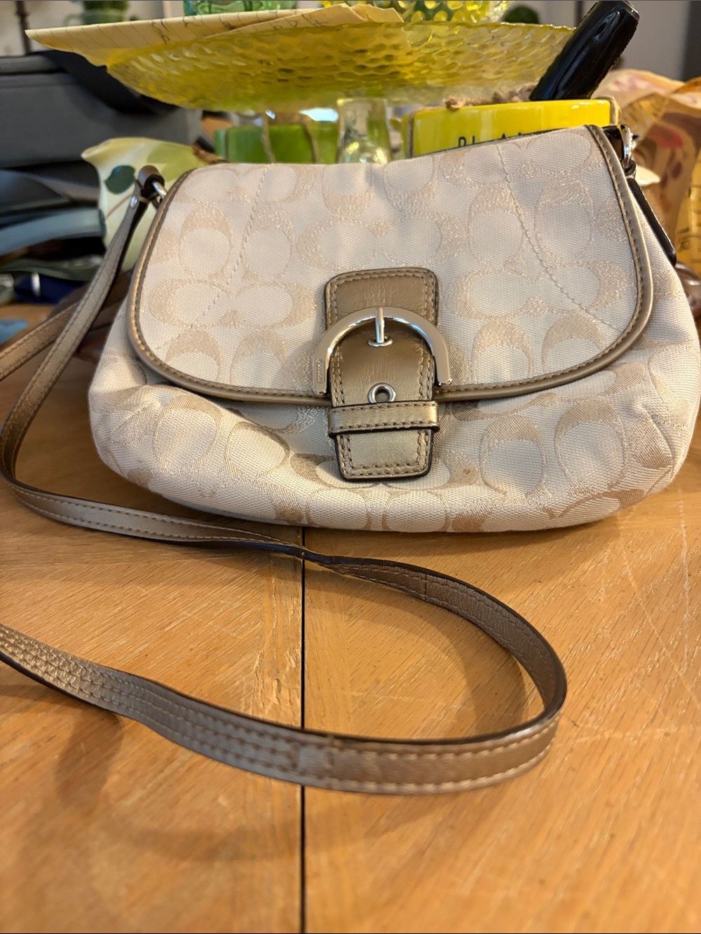 Coach Signature Crossbody Bag in Gold and Cream with Buckle Accent
